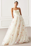 White Sweetheart A Line Long Floral Prom Dress with Appliques
