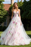 Sparkly White Floral Princess Ball Gown Long Prom Dress