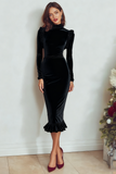 Burgundy High Neck Velvet Sheath Midi Holiday Party Dress with Sleeves