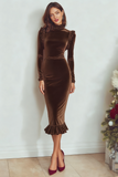 Burgundy High Neck Velvet Sheath Midi Holiday Party Dress with Sleeves