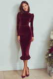 Burgundy High Neck Velvet Sheath Midi Holiday Party Dress with Sleeves