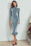 Burgundy High Neck Velvet Sheath Midi Holiday Party Dress with Sleeves