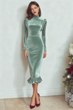 Burgundy High Neck Velvet Sheath Midi Holiday Party Dress with Sleeves