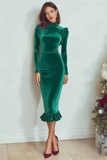 Burgundy High Neck Velvet Sheath Midi Holiday Party Dress with Sleeves