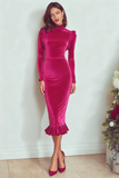 Burgundy High Neck Velvet Sheath Midi Holiday Party Dress with Sleeves