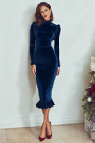 Burgundy High Neck Velvet Sheath Midi Holiday Party Dress with Sleeves