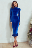 Burgundy High Neck Velvet Sheath Midi Holiday Party Dress with Sleeves