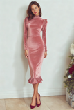 Burgundy High Neck Velvet Sheath Midi Holiday Party Dress with Sleeves