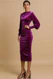 Grape Ruched Velvet Sheath Midi Holiday Party Dress with Sleeves
