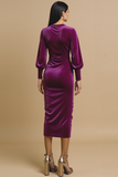 Grape Ruched Velvet Sheath Midi Holiday Party Dress with Sleeves