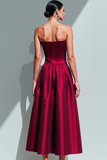Burgundy Strapless Satin A Line Long Formal Dress