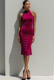 Burgundy High Neck Sheath Midi Velvet Holiday Party Dress