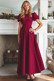 Burgundy A Line Puff Sleeves Maxi Formal Dress