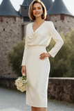 White Sheath Long Sleeves Cowl Neck Wedding Dress