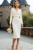 White Sheath Long Sleeves Cowl Neck Wedding Dress