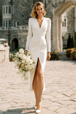 White Sheath Long Sleeves V-Neck Wedding Dress with Slit