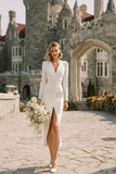White Sheath Long Sleeves V-Neck Wedding Dress with Slit