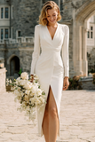 White Sheath Long Sleeves V-Neck Wedding Dress with Slit