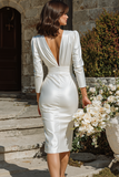White Sheath V-Neck Midi Wedding Dress with Sleeves