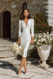 White Sheath V-Neck Midi Wedding Dress with Sleeves