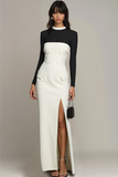 White Black Patchwork Sheath Maxi Formal Dress with Sleeves