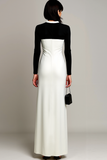 White Black Patchwork Sheath Maxi Formal Dress with Sleeves