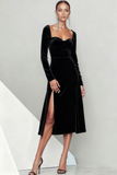 Emerald Green Velvet Midi Formal Dress with Sleeves