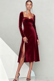Emerald Green Velvet Midi Formal Dress with Sleeves