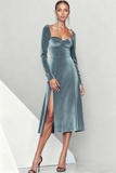 Emerald Green Velvet Midi Formal Dress with Sleeves