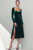 Emerald Green Velvet Midi Formal Dress with Sleeves