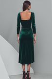 Emerald Green Velvet Midi Formal Dress with Sleeves
