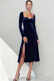 Emerald Green Velvet Midi Formal Dress with Sleeves