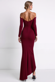 Burgundy Off the Shoulder Sheath Ruffled Formal Dress with Sleeves