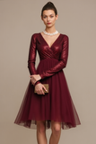 Burgundy Sequins Short A Line Cocktail Party Dress with Sleeves
