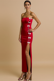 Burgundy Strapless Sheath Long Evening Dress with Bows