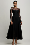 Black Chiffon Illusion Neck A Line Long Formal Dress with Sleeves