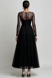 Black Chiffon Illusion Neck A Line Long Formal Dress with Sleeves