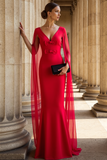 Red Mermaid V Neck Bows Long Formal Dress with Cape