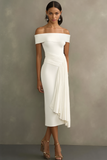 White Off the Shoulder Sheath Midi Formal Dress with Drape