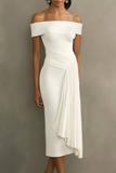 White Off the Shoulder Sheath Midi Formal Dress with Drape