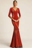 Terracotta Maxi Mermaid Velvet Formal Dress with Sleeves