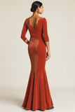 Terracotta Maxi Mermaid Velvet Formal Dress with Sleeves