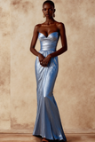 Metallic Sky Blue Mermaid Ruched Maxi Sweetheart Formal Dress
