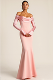 Satin Pink Mermaid Off the Shoulder Maxi Formal Dress with Sleeves