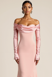 Satin Pink Mermaid Off the Shoulder Maxi Formal Dress with Sleeves