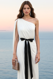 White Chiffon Sheath Maxi Formal Dress with Bow