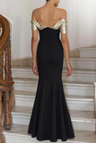Black Off the Shoulder Satin Maxi Mermaid Formal Dress