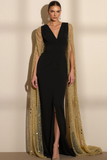 Black V Neck Maxi Mermaid Formal Dress with Side Cape