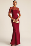 Burgundy Illusion Neck Maxi Mermaid Formal Dress with Shawl