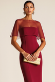 Burgundy Illusion Neck Maxi Mermaid Formal Dress with Shawl